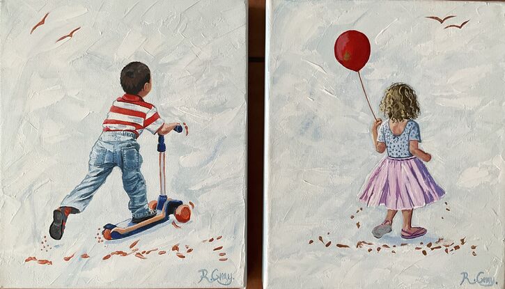 A boy with red striped tshirt riding a scooter and a girl in a tutu with a red balloon