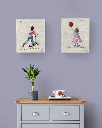 A boy with red striped tshirt riding a scooter and a girl in a tutu with a red balloon