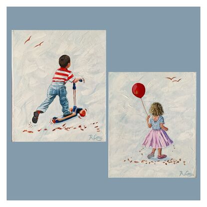 A boy with red striped tshirt riding a scooter and a girl in a tutu with a red balloon