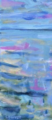 Expressive brushstrokes giving the feeling of movement painted in blue, green, yellow and pinks depict an abstracted seascape.