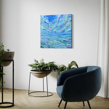 Expressive brushstrokes giving the feeling of movement painted in blue, green, yellow and pinks depict an abstracted seascape.