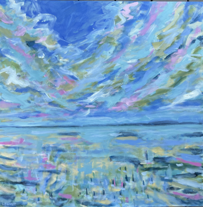 Expressive brushstrokes giving the feeling of movement painted in blue, green, yellow and pinks depict an abstracted seascape.