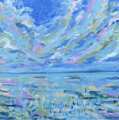 Expressive brushstrokes giving the feeling of movement painted in blue, green, yellow and pinks depict an abstracted seascape.