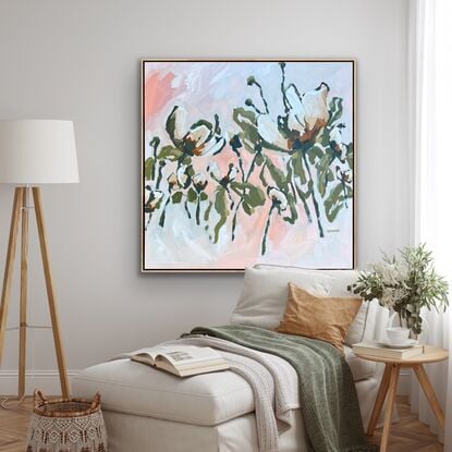 Square canvas, Modern floral in cream, orange, peach, apricot,  greens and earthy tones with chunky paint and textural brushstrokes.