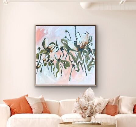 Square canvas, Modern floral in cream, orange, peach, apricot,  greens and earthy tones with chunky paint and textural brushstrokes.