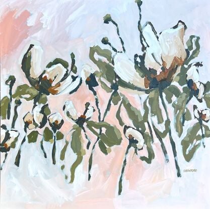 Square canvas, Modern floral in cream, orange, peach, apricot,  greens and earthy tones with chunky paint and textural brushstrokes.