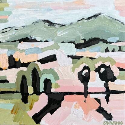 Mid sized framed canvas with a textured landscape scene in pastel tones of orange, pinks, blues and greens. Abstract hills, trees and foliage shapes chunky paint with visible big brushstrokes.