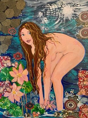 Nude woman picking flowers in a lotus pond at night.