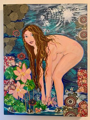 Nude woman picking flowers in a lotus pond at night.