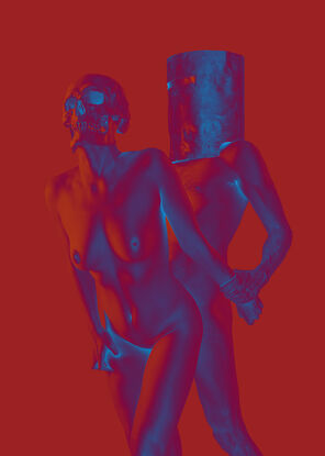 A naked woman with a skull replacing her head bent over in front of a naked man with a ned kelly mask on.  A duotone image using red and electric blue.