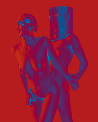 A naked woman with a skull replacing her head bent over in front of a naked man with a ned kelly mask on.  A duotone image using red and electric blue.