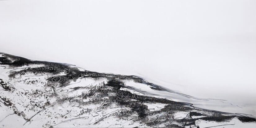 A black and white abstract seascape of mountains and fjords and iceland