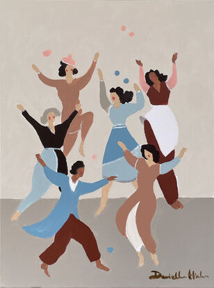 We see six people dancing together. Music and or confetti fall from above. It's joyful. They are wearing loose clothes in earthy colours. The painting leans towards abstraction. 