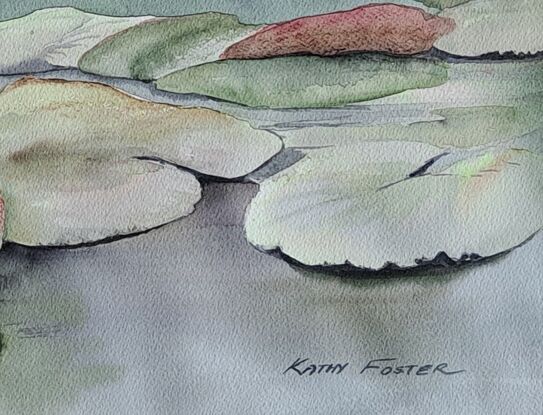 Surface of a pond with pink waterlilies & floating leaves. Greenish grey colours.