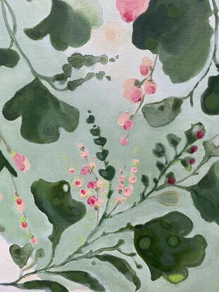 Natural large foliage in layered tones of green a floating formation on a watercolour like thin layered background, with little pink flowers in clusters 