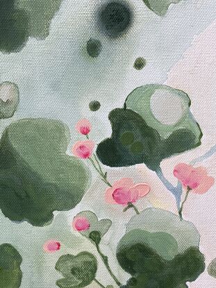 Natural large foliage in layered tones of green a floating formation on a watercolour like thin layered background, with little pink flowers in clusters 