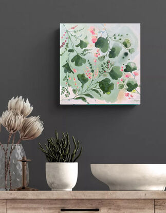 Natural large foliage in layered tones of green a floating formation on a watercolour like thin layered background, with little pink flowers in clusters 