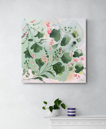 Natural large foliage in layered tones of green a floating formation on a watercolour like thin layered background, with little pink flowers in clusters 