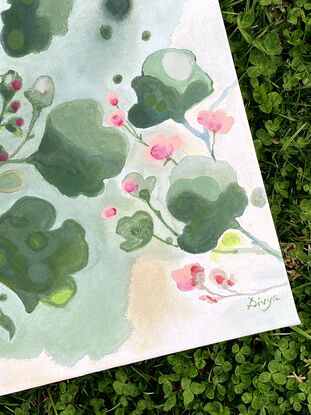 Natural large foliage in layered tones of green a floating formation on a watercolour like thin layered background, with little pink flowers in clusters 