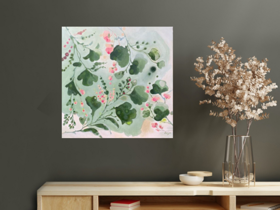 Natural large foliage in layered tones of green a floating formation on a watercolour like thin layered background, with little pink flowers in clusters 