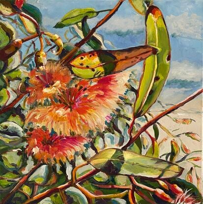 This visually captivating oil painting depicts the bright red flowers of the Australian Corymbia ficifolia tree standing out against a background of lush green gum leaves under the sunlight. 