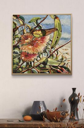 This visually captivating oil painting depicts the bright red flowers of the Australian Corymbia ficifolia tree standing out against a background of lush green gum leaves under the sunlight. 