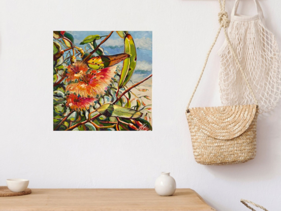 This visually captivating oil painting depicts the bright red flowers of the Australian Corymbia ficifolia tree standing out against a background of lush green gum leaves under the sunlight. 