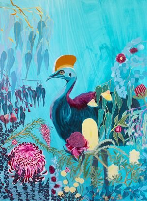 Deep ocean blue Cassowary surrounded by native flowers on an aqua background