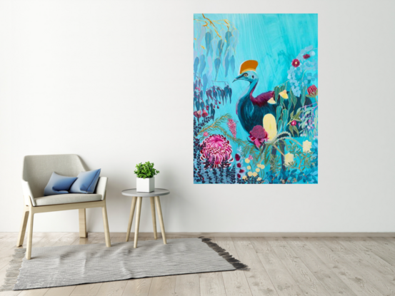 Deep ocean blue Cassowary surrounded by native flowers on an aqua background