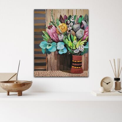 A whimsical decorative still life with Australian native flowers.
