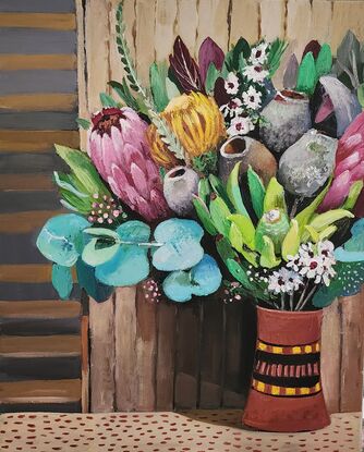 A whimsical decorative still life with Australian native flowers.
