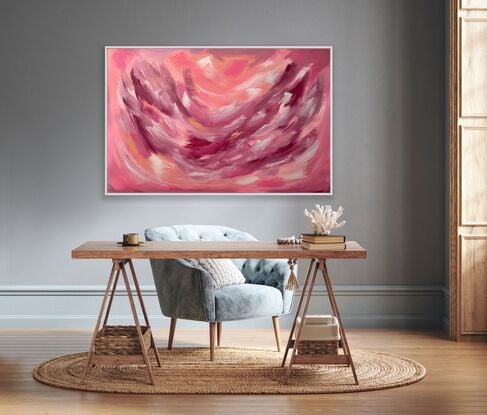 Large brushstrokes in pink, blush, peach and magenta to create a statement yet calming feature