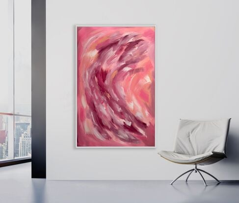 Large brushstrokes in pink, blush, peach and magenta to create a statement yet calming feature