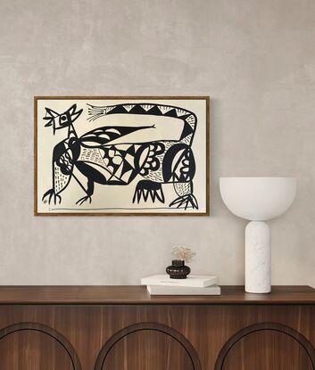 Black line drawing style of mythical, psychological creature on beige background.