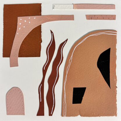 Clay pink, ochre and black organic shapes collaged on a cream background and adhered to ply.