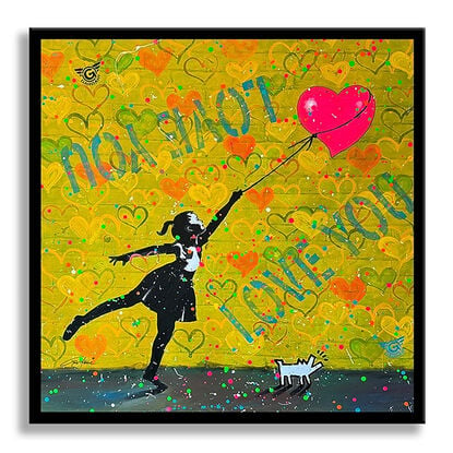 Hearts, love, banksy style, yellow, black, wall art, wall painting, artwork framed, ready to hang painting, love you, phrases, acrylic painting, stencils, urban art, 