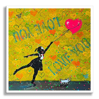 Hearts, love, banksy style, yellow, black, wall art, wall painting, artwork framed, ready to hang painting, love you, phrases, acrylic painting, stencils, urban art, 