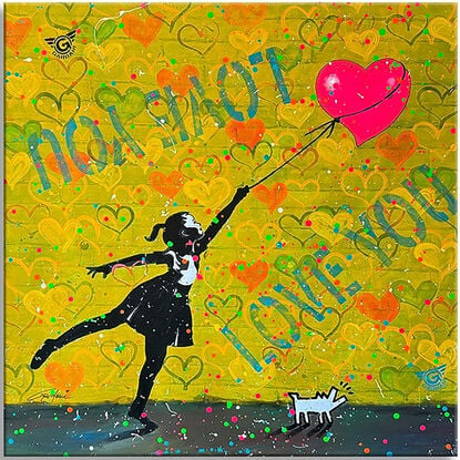 Hearts, love, banksy style, yellow, black, wall art, wall painting, artwork framed, ready to hang painting, love you, phrases, acrylic painting, stencils, urban art, 