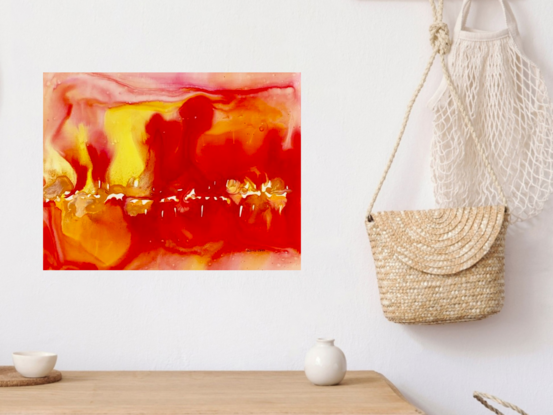 "Blaze" is a striking mixed media abstract artwork that bursts with fiery intensity and vibrant energy. The bold fusion of red, orange, and yellow hues creates a dynamic visual impact, reminiscent of roaring flames and molten lava. The fluid forms and warm palette invite viewers to immerse themselves in the artwork's radiant glow and lively movement, making it a perfect centerpiece for any modern space.