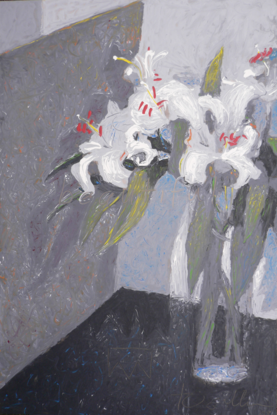 White lily flowers in a vase depicted against a backdrop of dark shadows