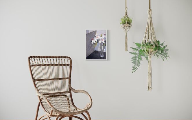 White lily flowers in a vase depicted against a backdrop of dark shadows