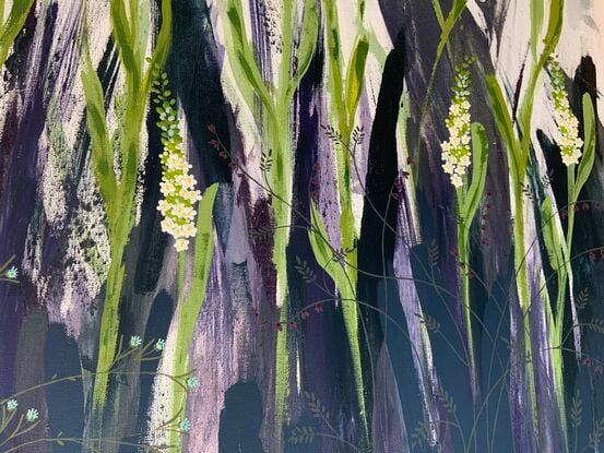 Green and white flower spikes pushing through dusky undergrowth. Includes fine tracery of more delicate  flowers underneath.