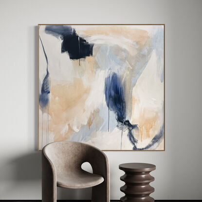 Subtle tones of dark blue, light blue, white, neutral, grey, beige and peach across the canvas surface. 