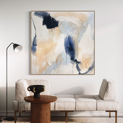 Subtle tones of dark blue, light blue, white, neutral, grey, beige and peach across the canvas surface. 