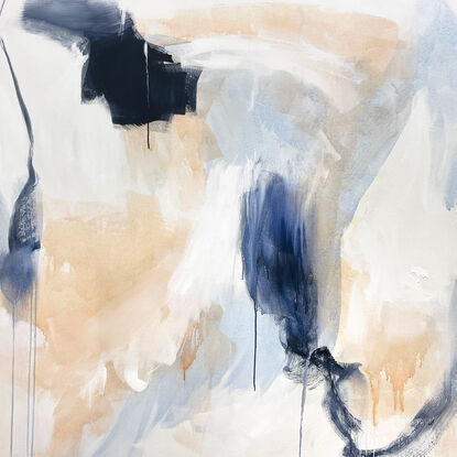 Subtle tones of dark blue, light blue, white, neutral, grey, beige and peach across the canvas surface. 