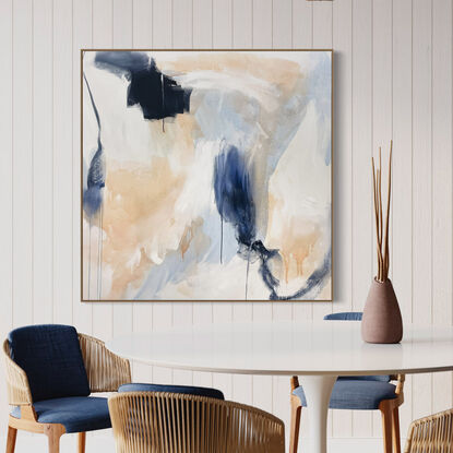 Subtle tones of dark blue, light blue, white, neutral, grey, beige and peach across the canvas surface. 