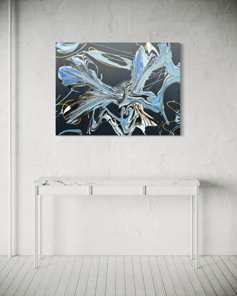 A fluid abstract painting titled "Waves of the Orchid," featuring sweeping waves of navy, indigo, and sapphire blue. The swirling forms resemble both ocean currents and the delicate petals of an orchid, set against a deep, dark background. Accents of lighter blue and soft hints of white add contrast, creating a sense of depth and motion within the piece. The flowing patterns evoke both tranquility and dynamic energy.