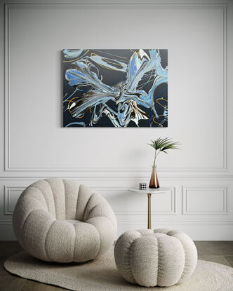 A fluid abstract painting titled "Waves of the Orchid," featuring sweeping waves of navy, indigo, and sapphire blue. The swirling forms resemble both ocean currents and the delicate petals of an orchid, set against a deep, dark background. Accents of lighter blue and soft hints of white add contrast, creating a sense of depth and motion within the piece. The flowing patterns evoke both tranquility and dynamic energy.