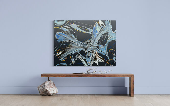 A fluid abstract painting titled "Waves of the Orchid," featuring sweeping waves of navy, indigo, and sapphire blue. The swirling forms resemble both ocean currents and the delicate petals of an orchid, set against a deep, dark background. Accents of lighter blue and soft hints of white add contrast, creating a sense of depth and motion within the piece. The flowing patterns evoke both tranquility and dynamic energy.