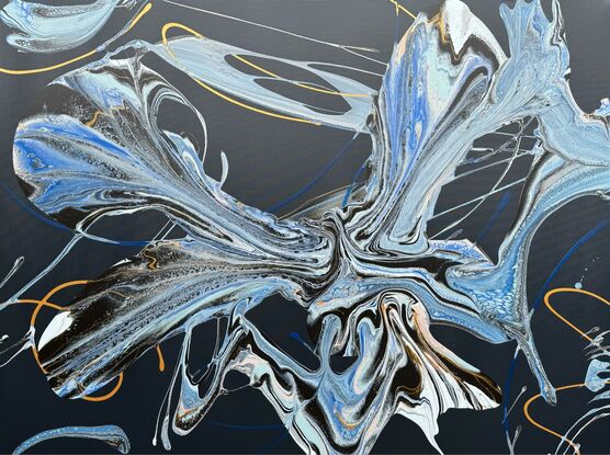 A fluid abstract painting titled "Waves of the Orchid," featuring sweeping waves of navy, indigo, and sapphire blue. The swirling forms resemble both ocean currents and the delicate petals of an orchid, set against a deep, dark background. Accents of lighter blue and soft hints of white add contrast, creating a sense of depth and motion within the piece. The flowing patterns evoke both tranquility and dynamic energy.